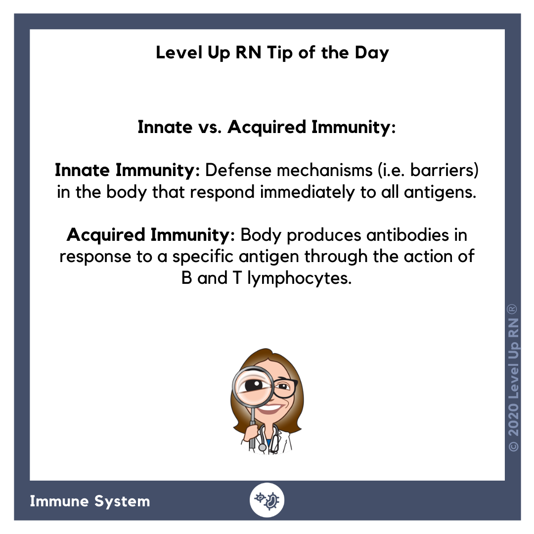 Innate vs. Acquired Immunity. Innate Immunity: Defense mechanisms in the body that respond immediately to all antigens. Acquired Immunity: Body produces antibodies in response to a specific antigen through the action of B and T lymphocytes.