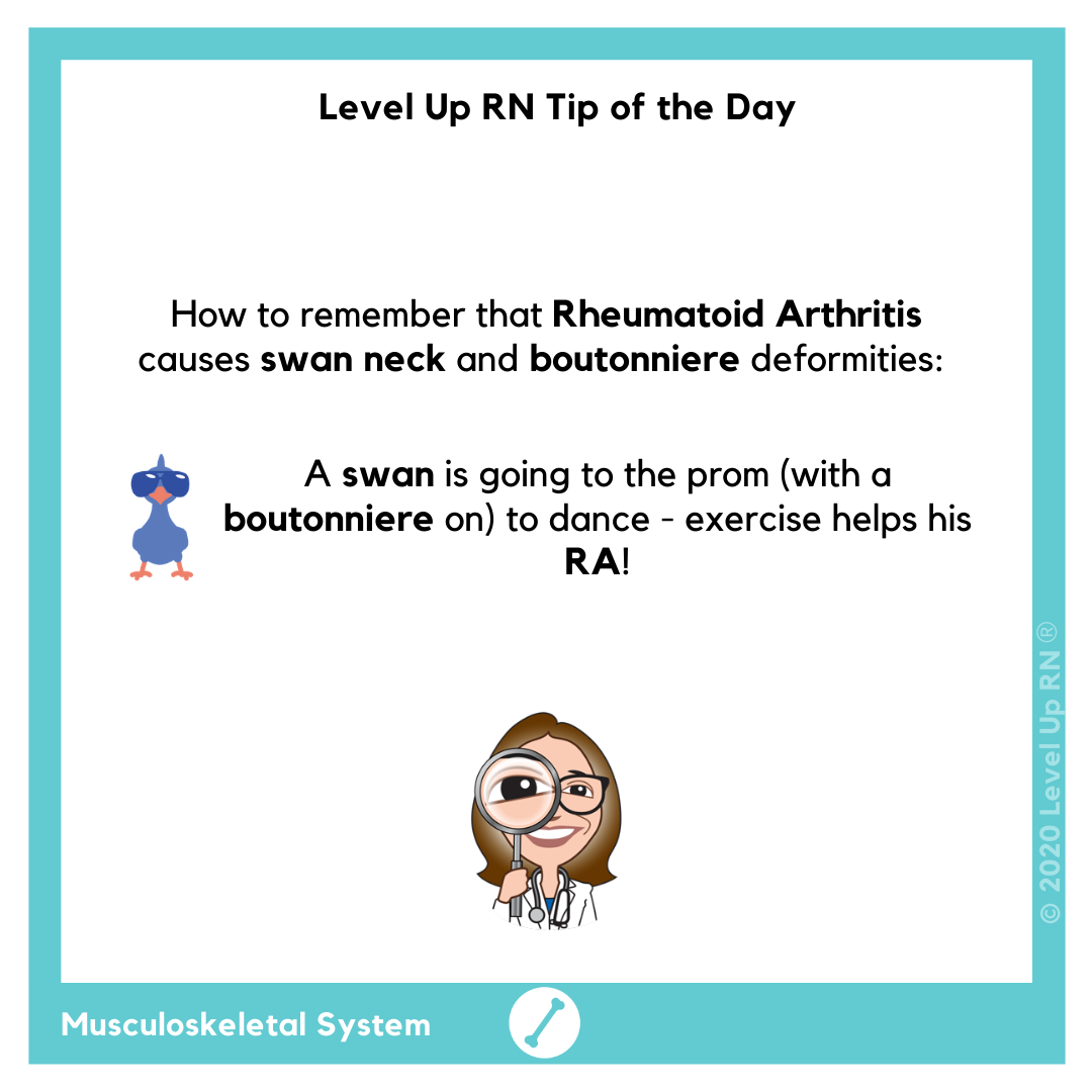 How to remember that Rheumatoid Arthritis causes swan neck and boutonniere deformities: A swan is going to the prom (with a boutonniere on) to dance - exercise helps his RA!