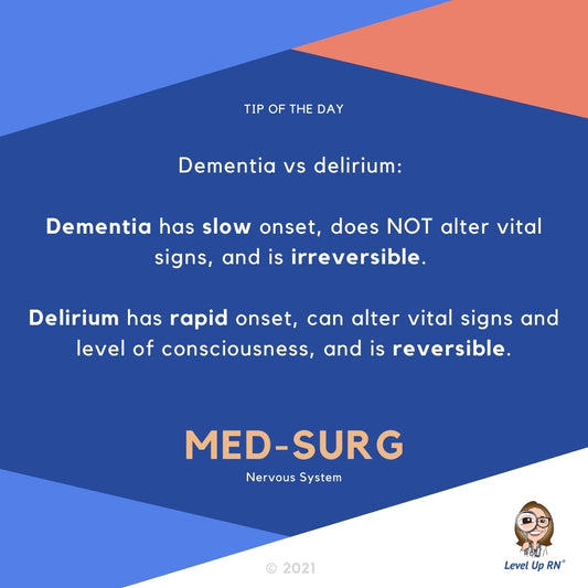 Dementia has slow onset, does NOT alter vital signs, and is irreversible. Delirium has rapid onset, can alter vital signs and level of consciousness, and is reversible.