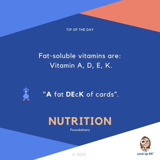 Fat soluble vitamins are: Vitamin A, D, E, K.  HINT: "A fat deck of cards".