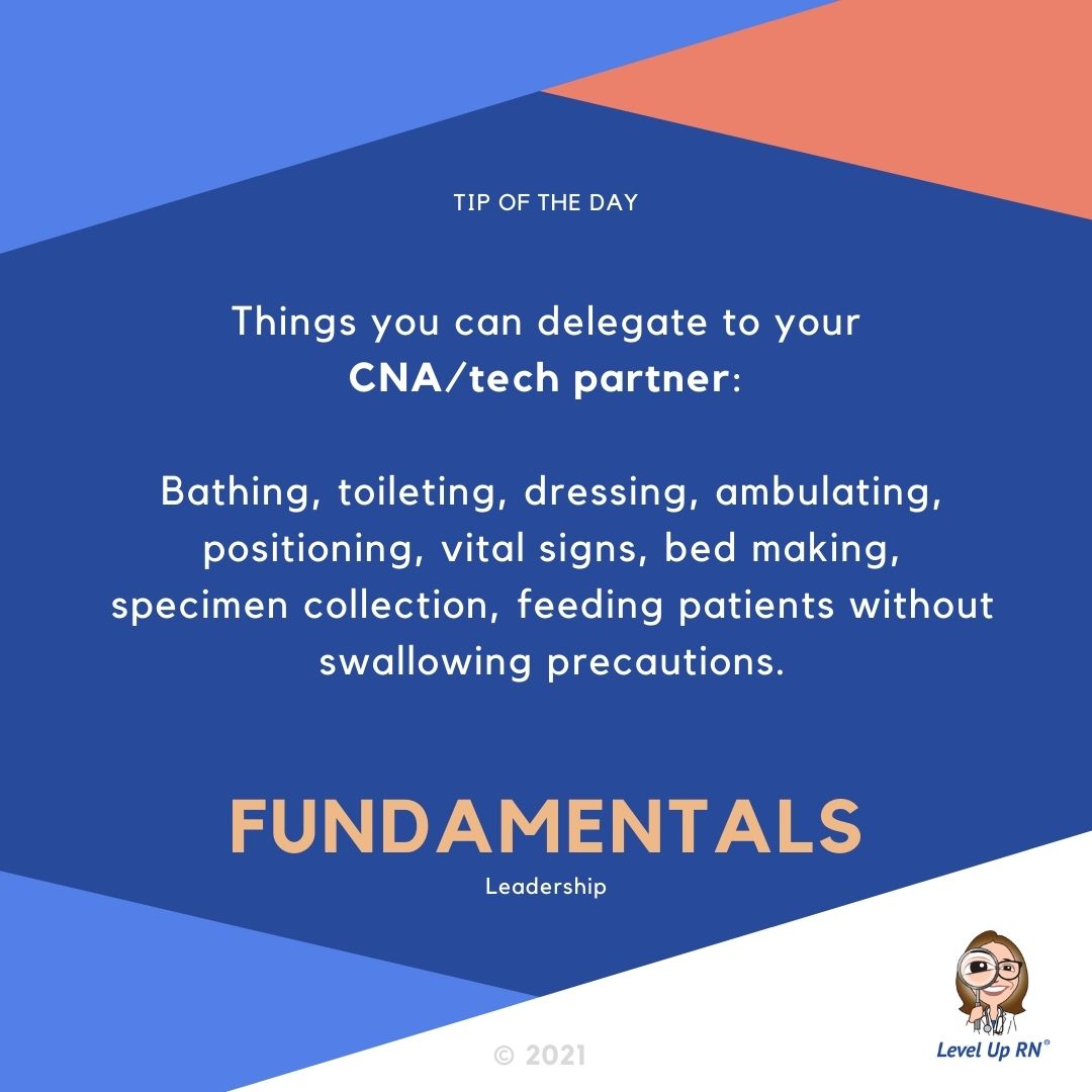 Things you can delegate to your CNA/tech partner:  Bathing, toileting, dressing, ambulating, positioning, vital signs, bed making, specimen collection, feeding patients without swallowing precautions.