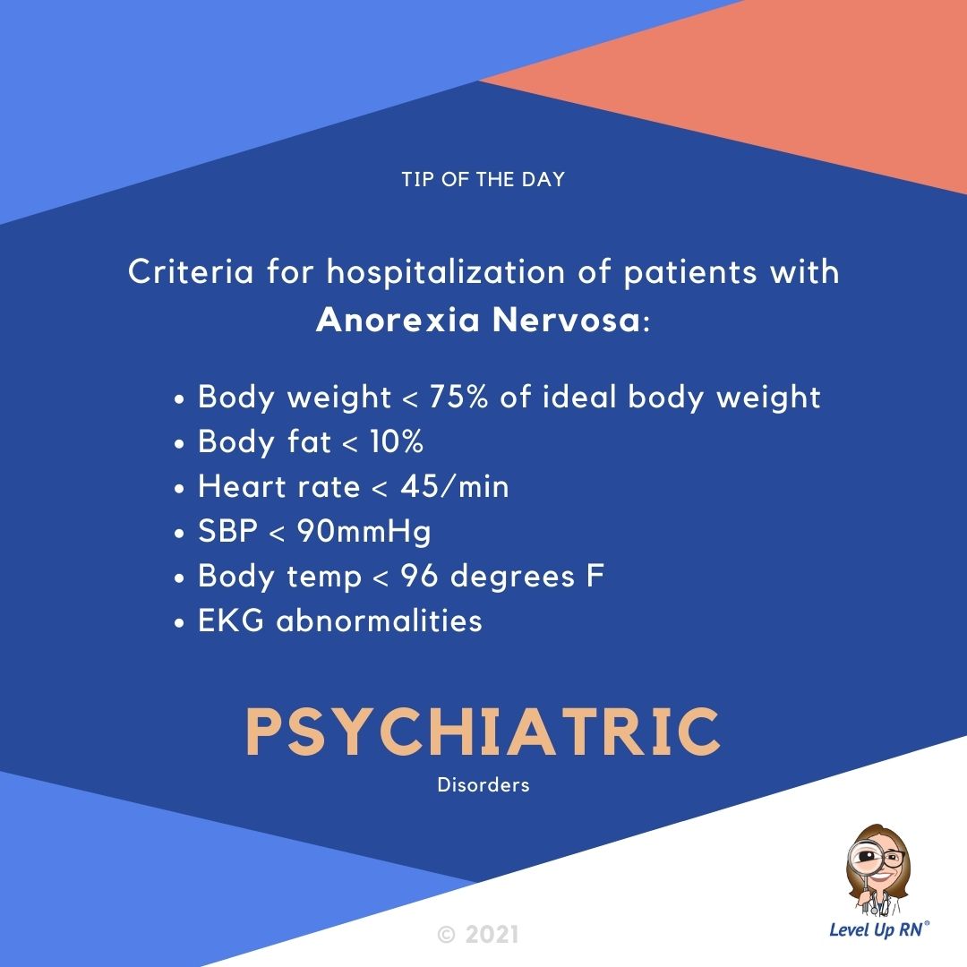 Criteria for hospitalization of patients with Anorexia Nervosa:  Body weight < 75% of ideal body weight; Body fat < 10%; Heart rate < 45/min; SBP < 90mmHg; Body temp < 96 degrees F; EKG abnormalities