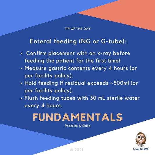 Enteral feeding (NG or G-tube): Confirm placement with x-ray before feeding! Measure gastric contents every 4 hours. Hold feeding if residual exceeds ~500ml. Flush tubes with 30 mL sterile water every 4 hours.