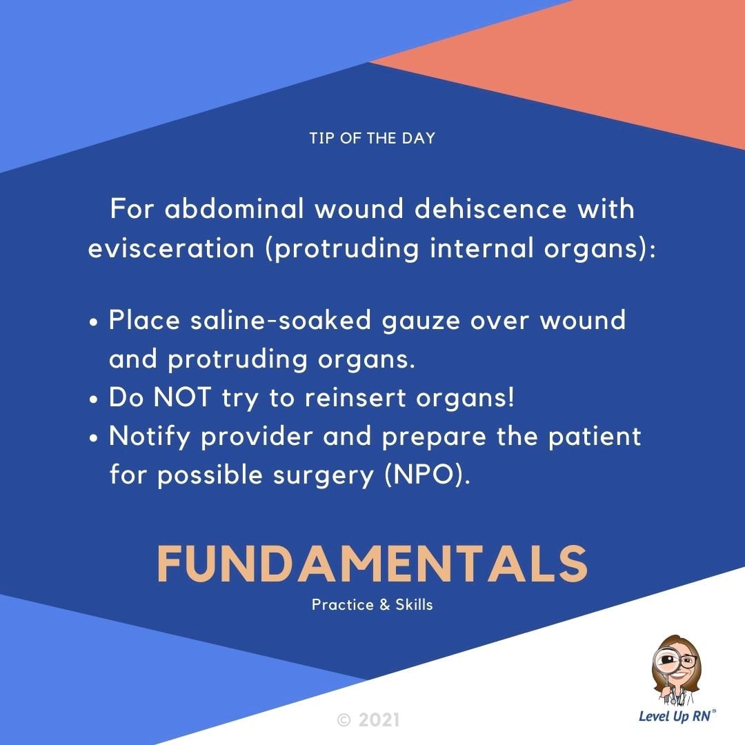 For abdominal wound dehiscence with evisceration (protruding internal organs): Place saline-soaked gauze over wound and protruding organs; Do NOT try and reinsert organs!; Notify provider and prepare the patient for possible surgery (NPO).