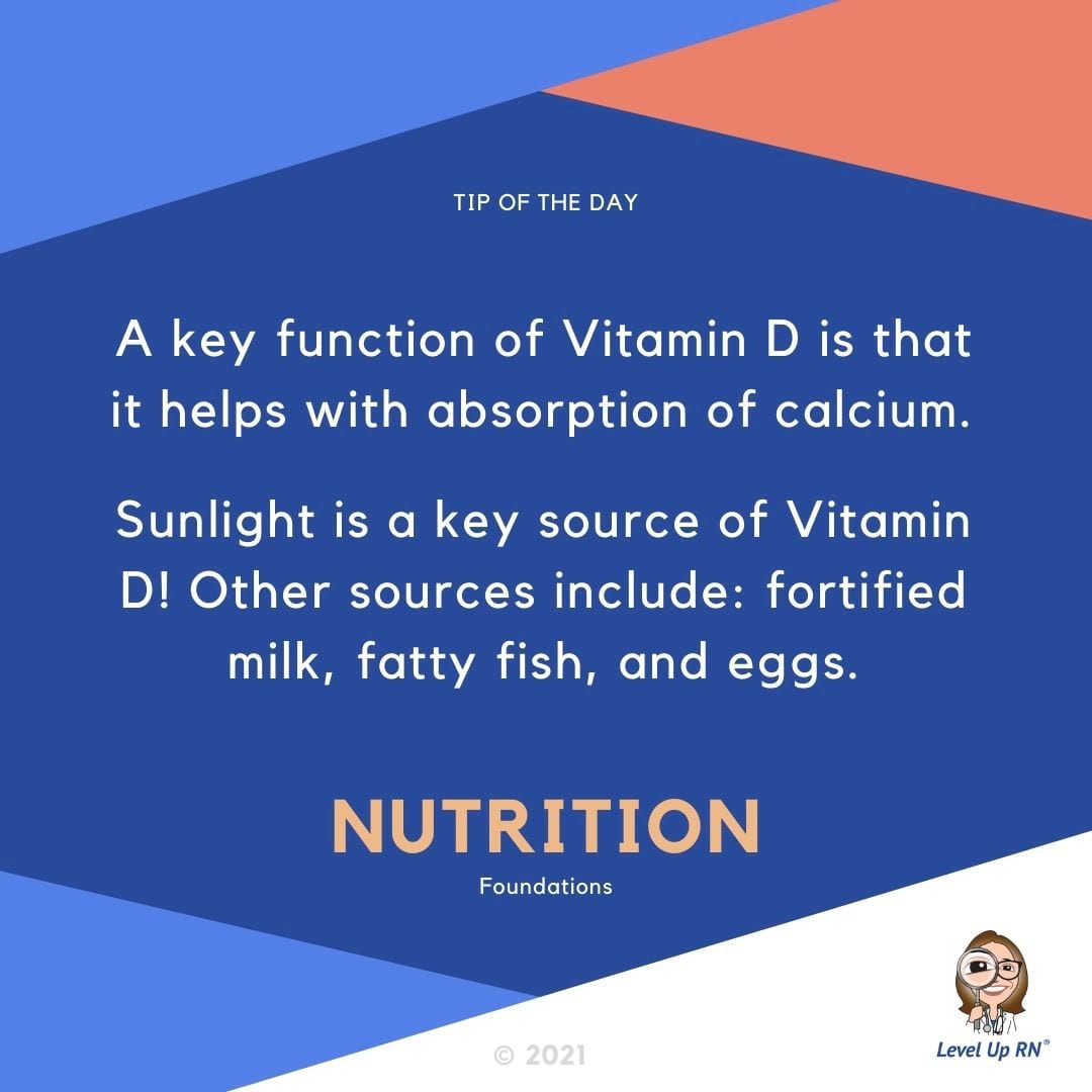 A key function of Vitamin D is that it helps with absorption of calcium. Sunlight is a key source of Vitamin D! Other sources include fortified milk, fatty fish, and eggs.
