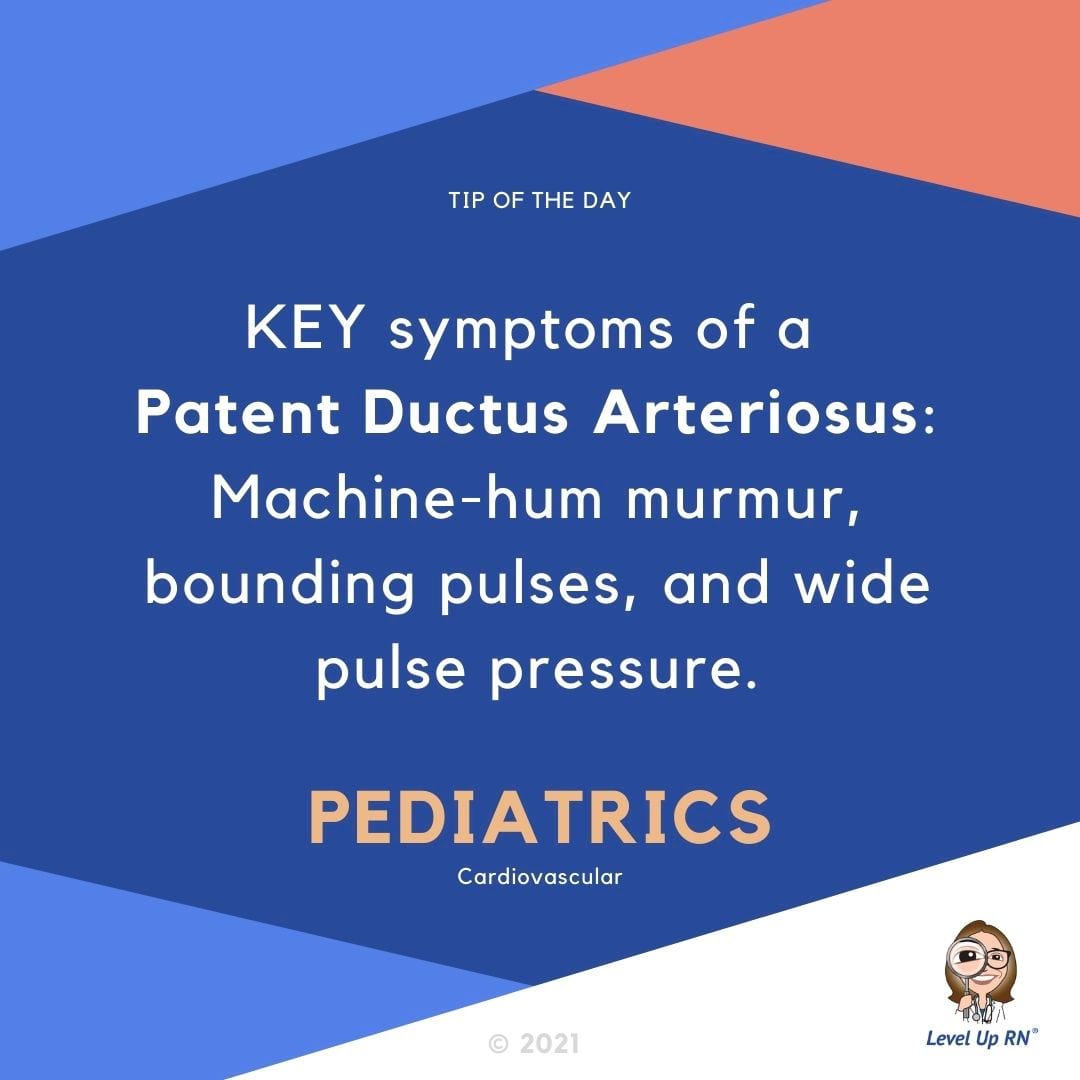 KEY symptoms of a Patent Ductus Arteriosus: machine-hum murmur, bounding pulses, and wide pulse pressure.