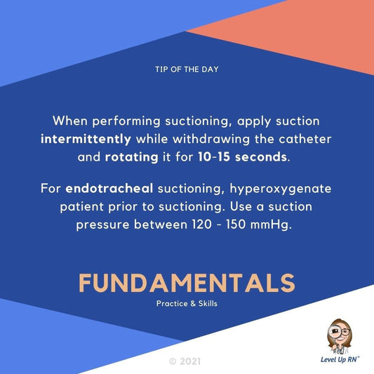 When performing suctioning, apply suction intermittently while withdrawing the catheter and rotating it for 10-15 seconds. For endotrachial suctioning, hyperoxygenate patient prior to suctioning. Use a suction pressure between 120 - 150 mmHg.