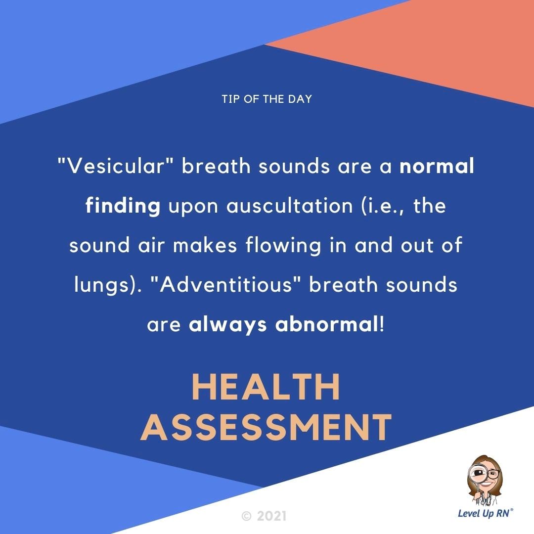 "Vesicular" breath sounds are a normal finding upon auscultation (i.e., the sound air makes flowing in and out of lungs). "Adventitious" breath sounds are always abnormal!