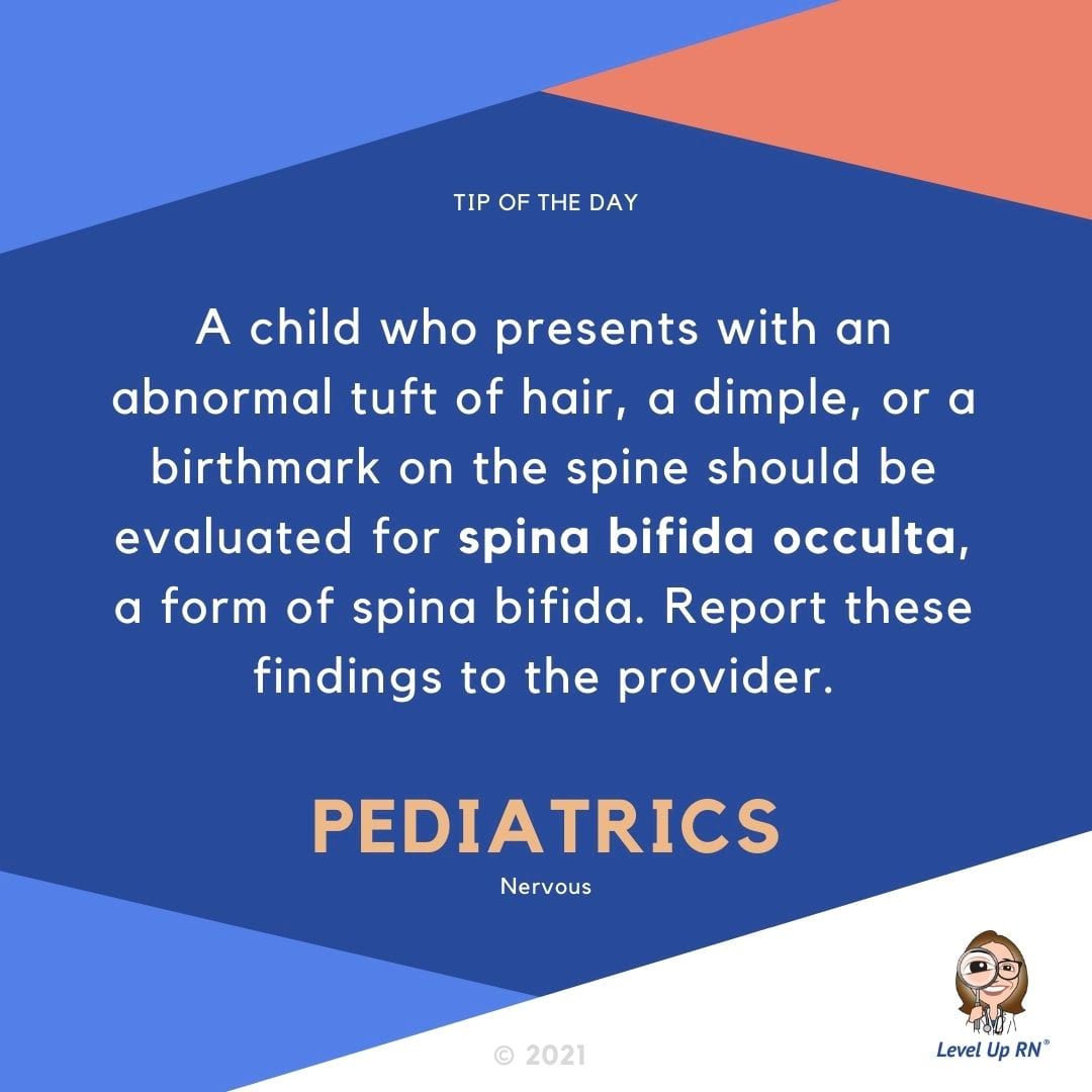 A child who presents with an abnormal tuft of hair, a dimple, or a birthmark on the spine should be evaluated for spina bifida occulta, a form of spina bifida. Report these findings to the provider.