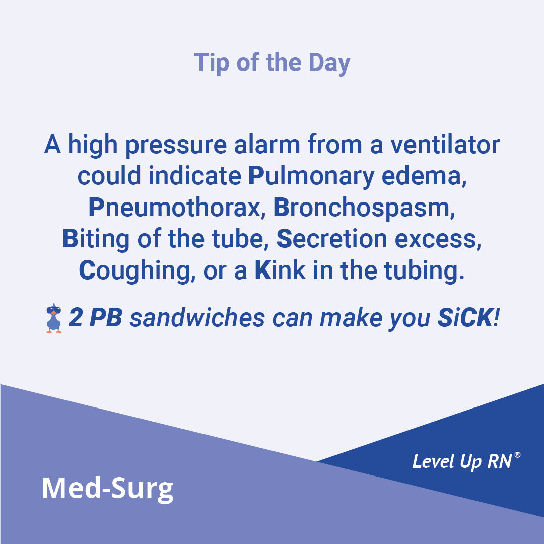 A high pressure alarm from a ventilator could indicate Pulmonary edema, Pneumothorax, Bronchospasm, Biting of the tube, Secretion excess, Coughing, or a Kink in the tubing.
