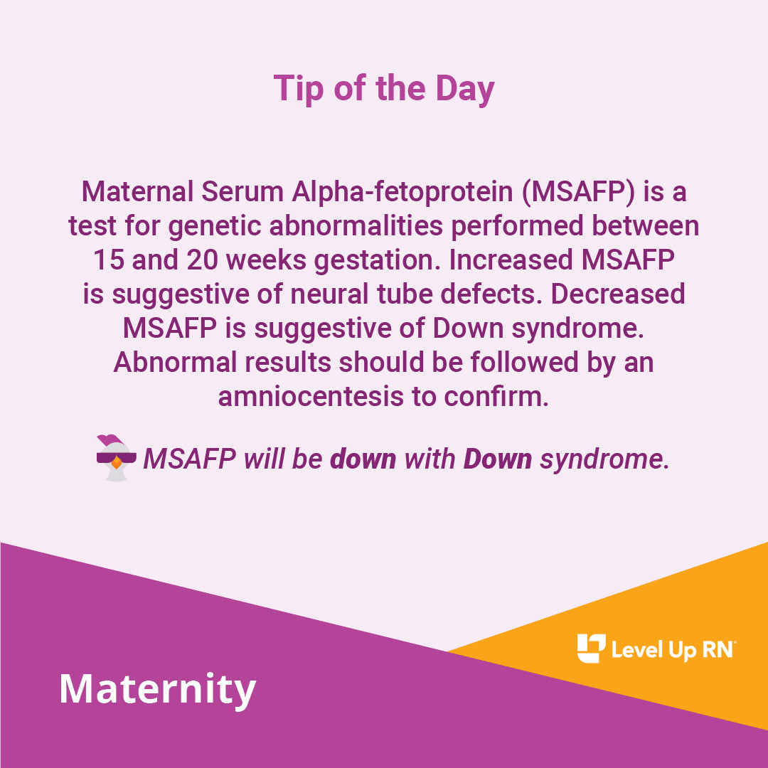Maternal Serum Alpha-fetoprotein (MSAFP) is a test for genetic abnormalities performed between 15 and 20 weeks gestation.