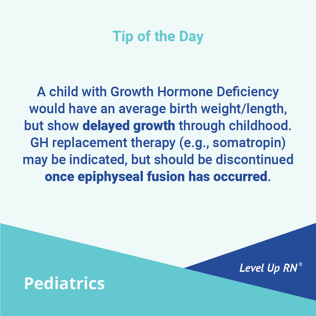 A child with Growth Hormone Deficiency would have an average birth weight/length, but show delayed growth through childhood.