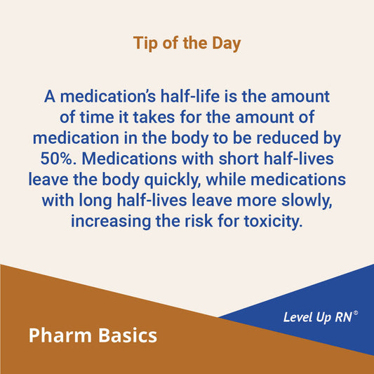 A medication's half-life is the amount of time it takes for the amount of medication in the body to be reduced by 50%.