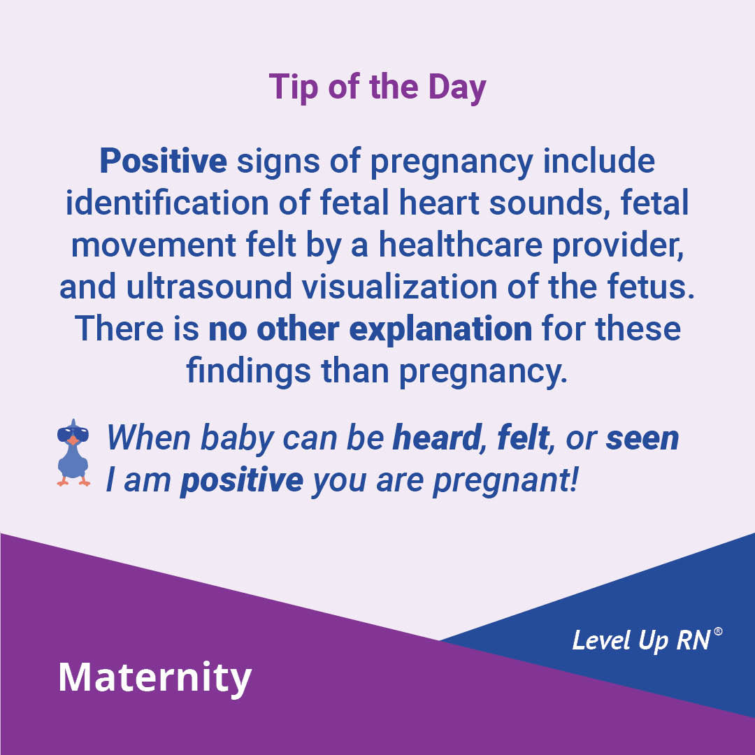 Positive signs of pregnancy include identification of fetal heart sounds, fetal movement felt by a healthcare provider, and ultrasound visualization of the fetus. There is no other explanation for these findings than pregnancy. 