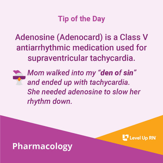 Adenosine (Adenocard) is a Class V antiarrhythmic medication used for supraventricular tachycardia.