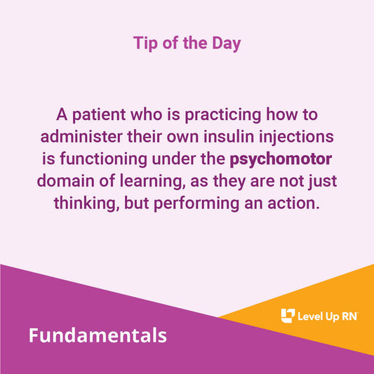 A patient who is practicing how to administer their own insulin injections is functioning under the psychomotor domain of learning, as they are not just thinking, but performing an action.