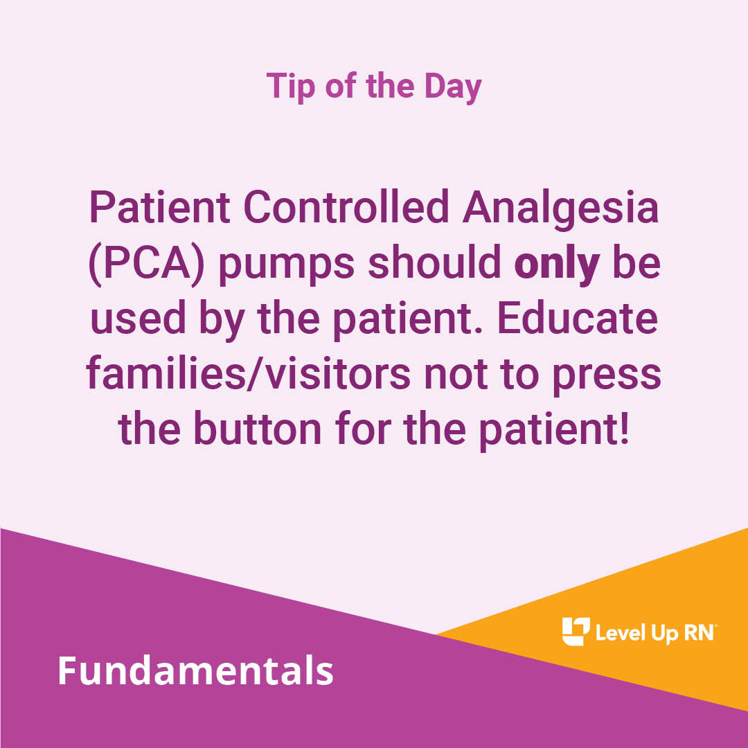 Patient Controlled Analgesia (PCA) pumps should only be used by the patient. Educate families/visitors not to press the button for the patient!