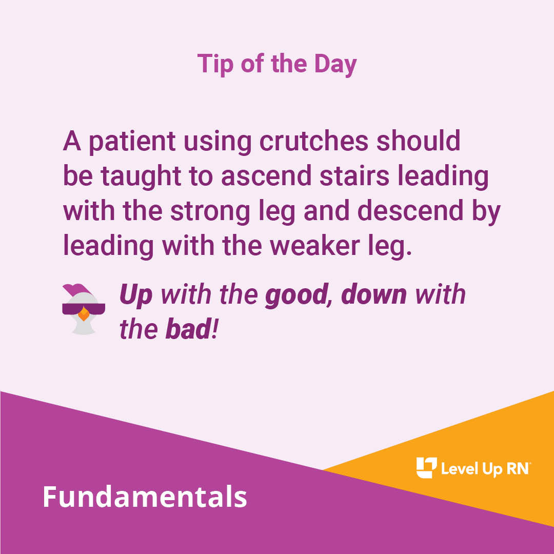 A patient using crutches should be taught to ascend stairs leading with the strong leg and descend by leading with the weaker leg.