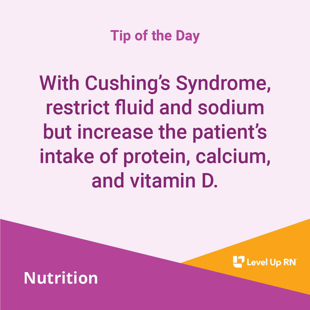With Cushing's Syndrome, restrict fluid and sodium but increase the patient's intake of protein, calcium, and vitamin D.