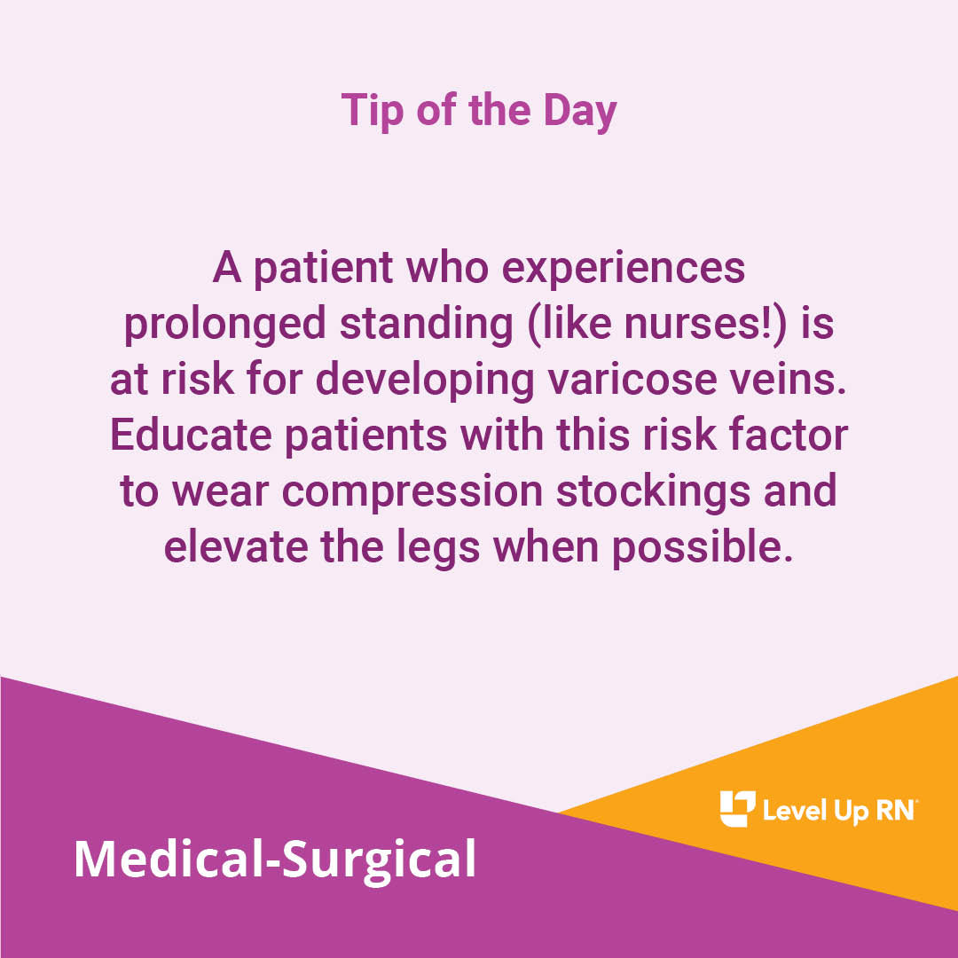 A patient who experiences prolonged standing (like nurses!) is at risk for developing varicose veins. Educate patients with this risk factor to wear compression stockings and elevate the legs when possible.