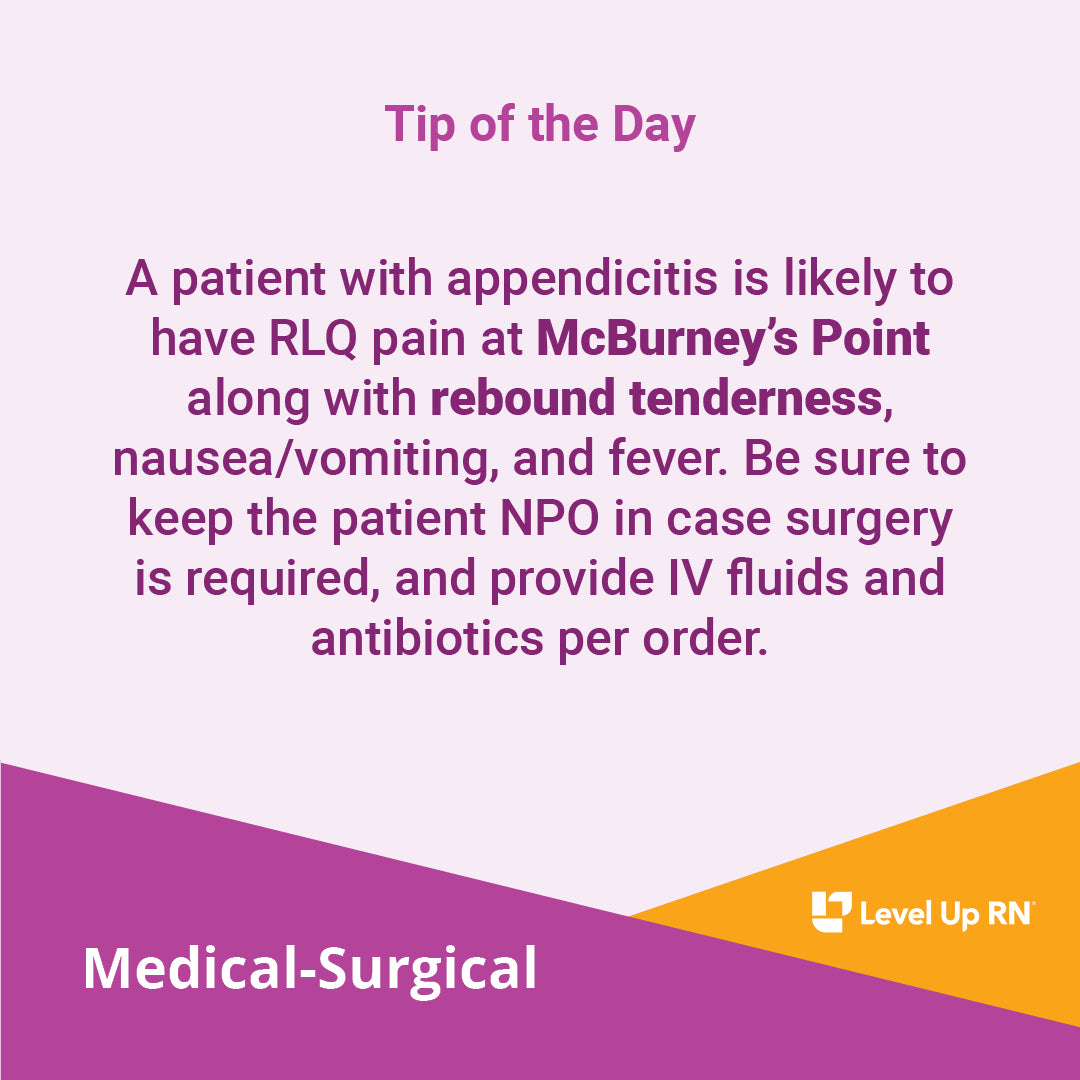A patient with appendicitis is likely to have RLQ pain at McBurney's Point along with rebound tenderness, nausea/vomiting, and fever.