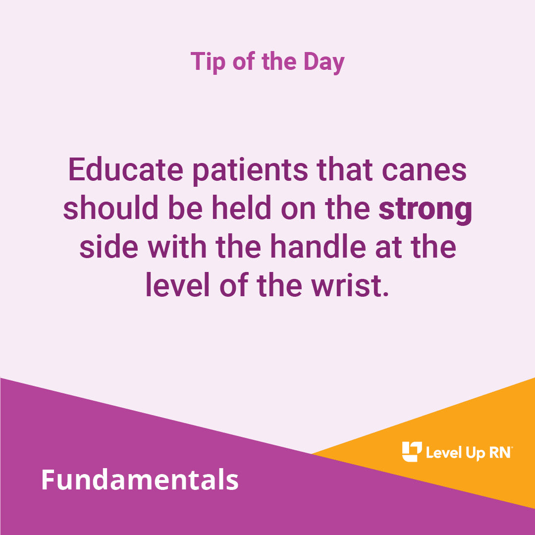 Educate patients that canes should be held on the strong side with the handle at the level of the wrist.