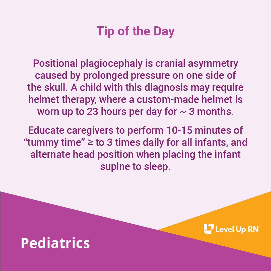 Positional plagiocephaly is cranial asymmetry caused by prolonged pressure on one side of the skull. A child with this diagnosis may require helmet therapy, where a custom-made helmet is worn up to 23 hours per day for ~ 3 months.