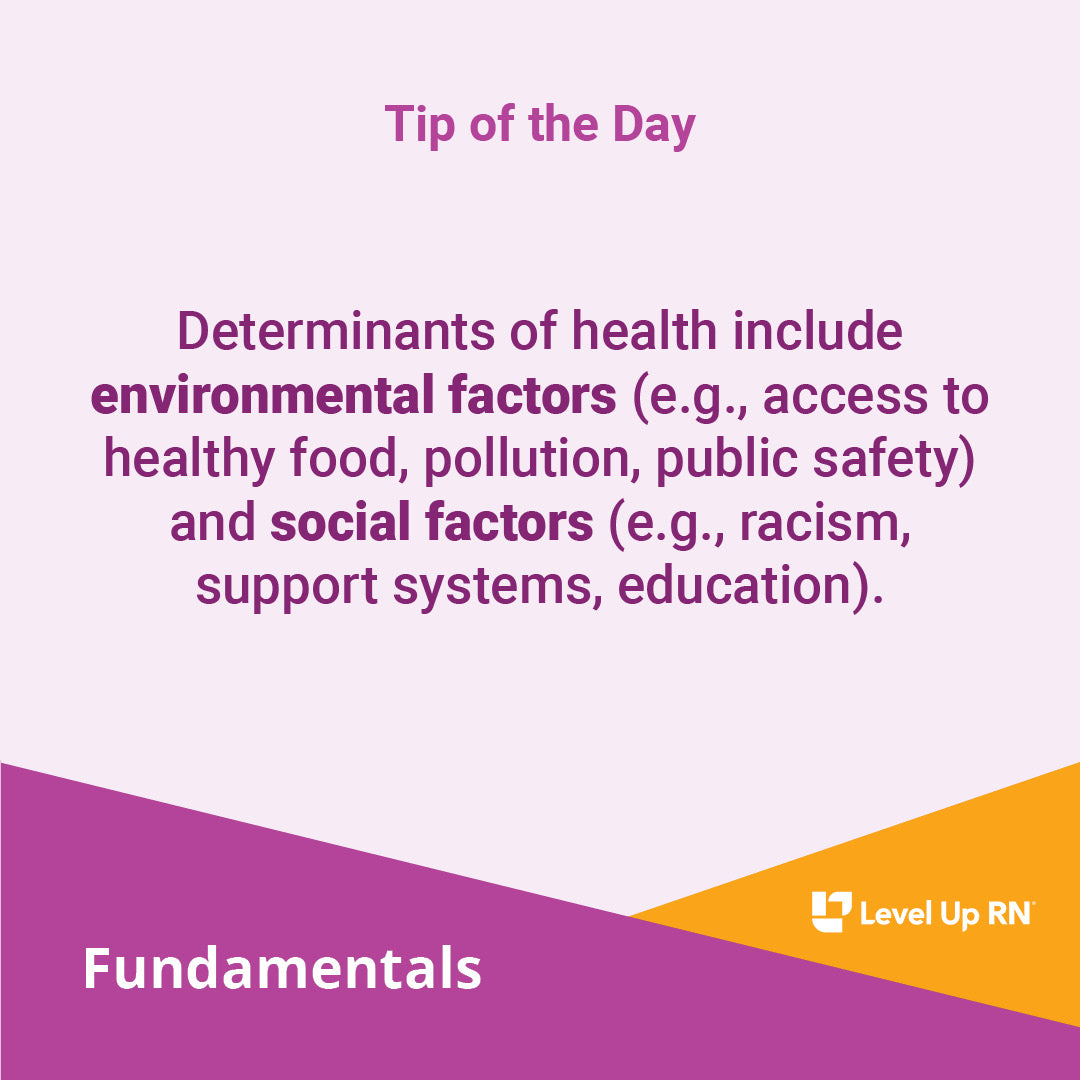 Determinants of health include environmental factors (e.g., access to healthy food, pollution, public safety) and social factors (e.g., racism, support systems, education).