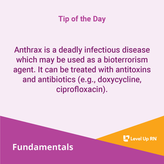 Anthrax is a deadly infectious disease which may be used as a bioterrorism agent. It can be treated with antitoxins and antibiotics (e.g., doxycycline, ciprofloxacin).