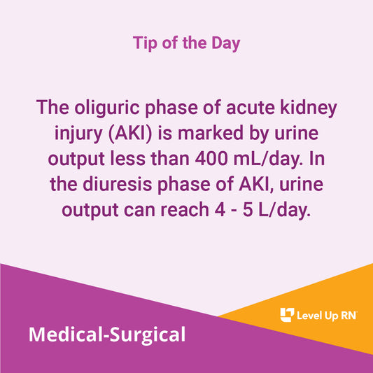 The oliguric phase of acute kidney injury (AKI) is marked by urine output less than 400 mL/day. In the diuresis phase of AKI, urine output can reach 4 - 5 L/day.