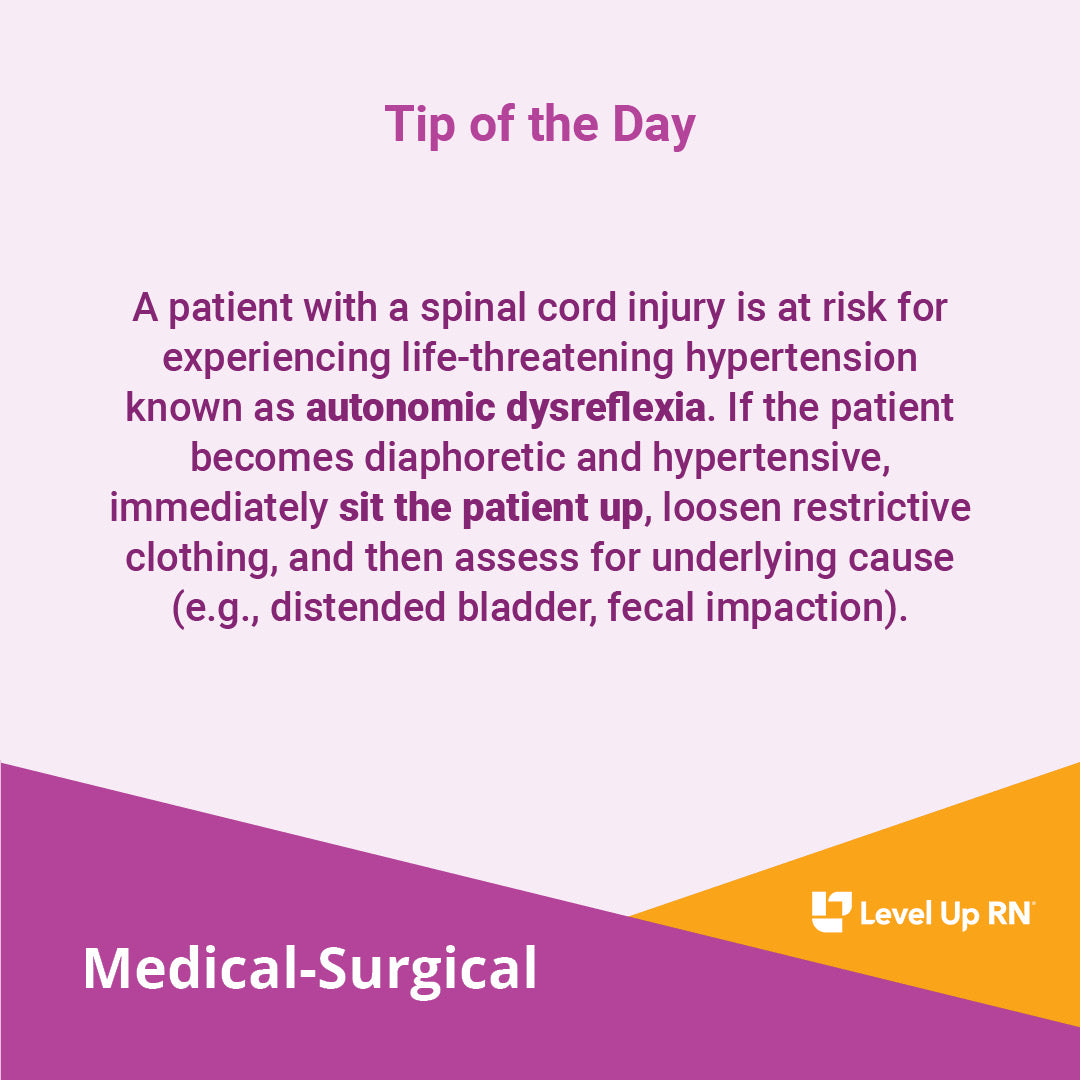 A patient with a spinal cord injury is at risk for experiencing life-threatening hypertension known as autonomic dysreflexia. 