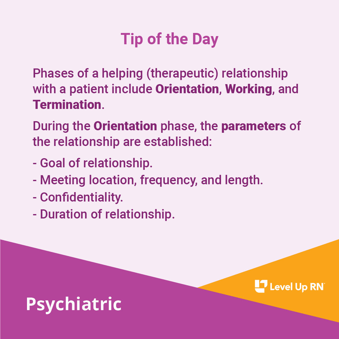 Phases of a helping/therapeutic relationship: Orientation, Working, and Termination. During Orientation, parameters are established: Goal of relationship; Meeting location, frequency, and length; Confidentiality; Duration of relationship.