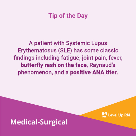 A patient with Systemic Lupus Erythematosus (SLE) has some classic findings including fatigue, joint pain, fever, butterfly rash on the face, Raynaud's phenomenon, and a positive ANA titer.