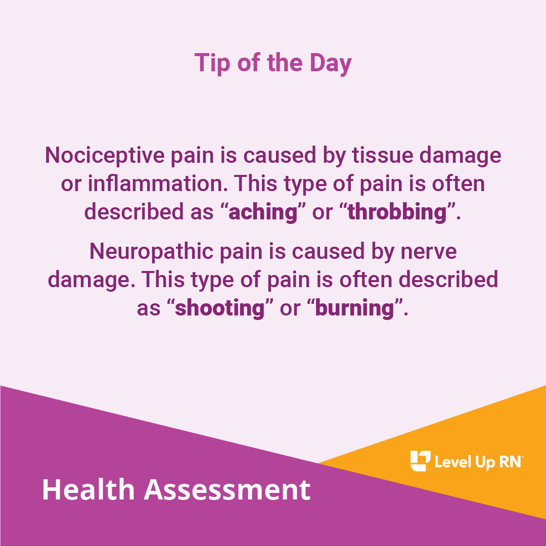 Nociceptive pain is caused by tissue damage or inflammation. This type of pain is often described as "aching" or "throbbing". Neuropathic pain is caused by nerve damage. This type of pain is often described as "shooting" or "burning".