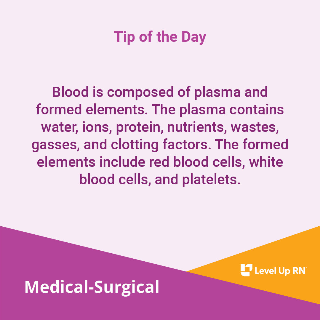 Blood is composed of plasma and formed elements. The plasma contains water, ions, protein, nutrients, wastes, gasses, and clotting factors. The formed elements include red blood cells, white blood cells, and platelets.
