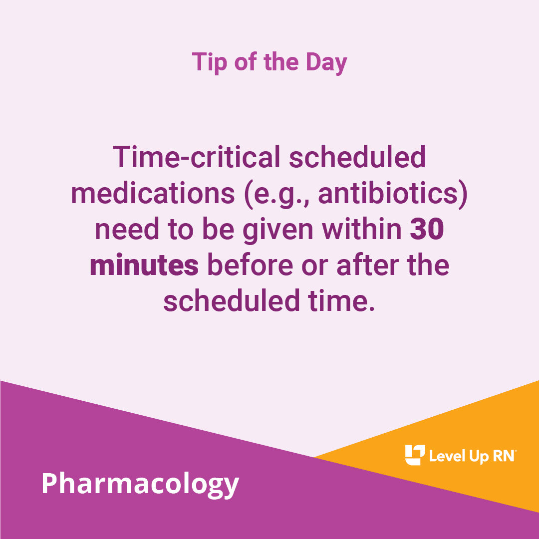 Time-critical scheduled medications (e.g., antibiotics) need to be given within 30 minutes before or after the scheduled time.