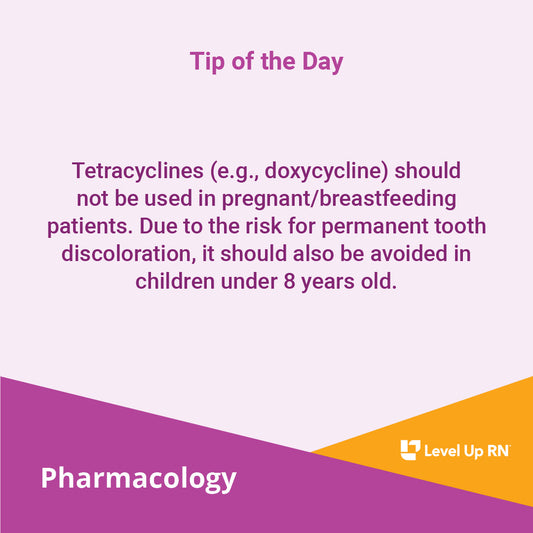 Tetracyclines (e.g., doxycycline) should not be used in pregnant/breastfeeding patients. Due to the risk for permanent tooth discoloration, it should also be avoided in children under 8 years old.