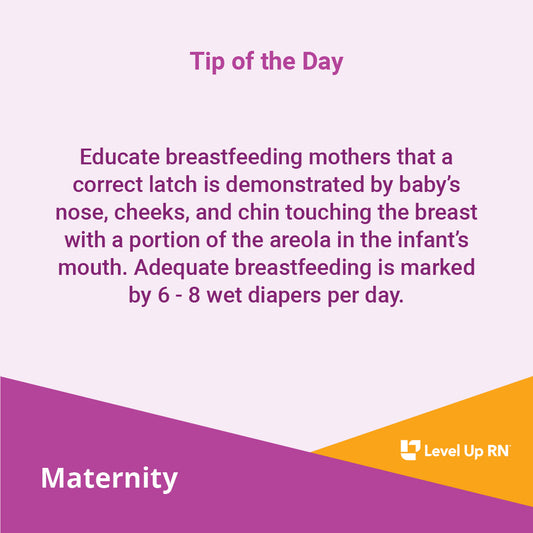 Educate breastfeeding mothers that a correct latch is demonstrated by baby's nose, cheeks, and chin touching the breast with a portion of the areola in the infant's mouth.