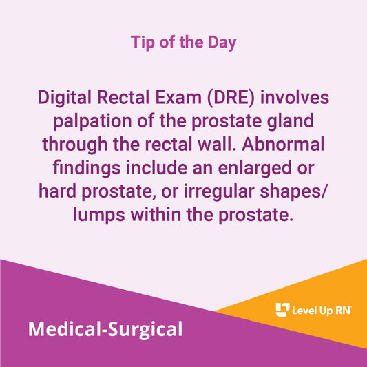 Digital Rectal Exam (DRE) involves palpation of the prostate gland through the rectal wall. Abnormal findings include an enlarged or hard prostate, or irregular shapes/lumps within the prostate.