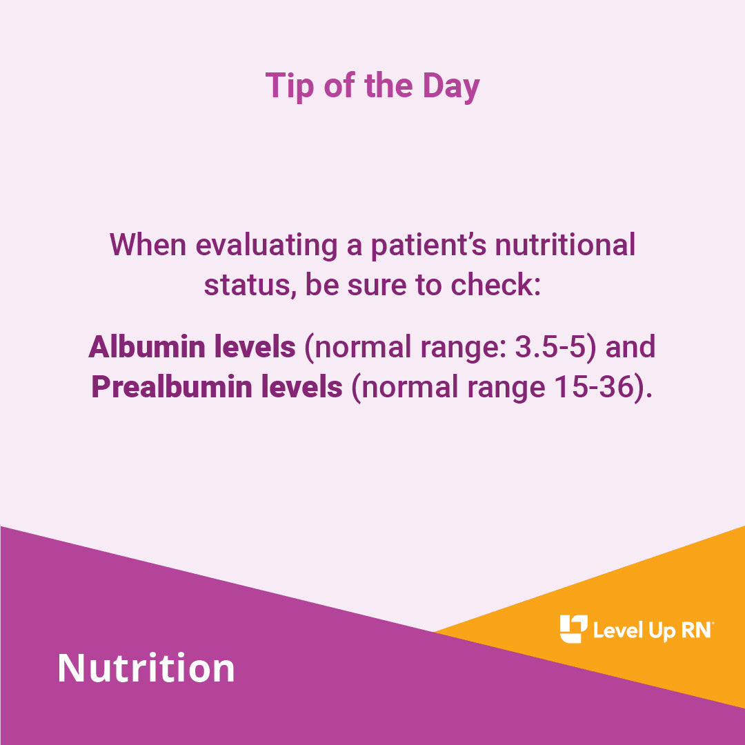 When evaluating a patient's nutritional status, be sure to check: Albumin levels (normal range: 3.5-5) and Prealbumin levels (normal range 15-36).