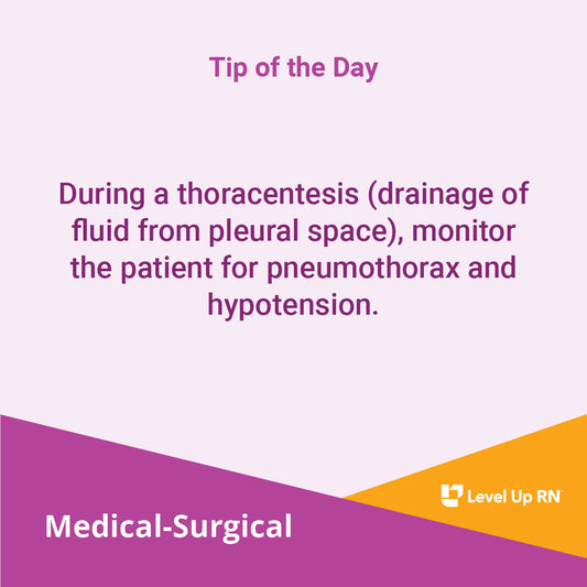 During a thoracentesis (drainage of fluid from pleural space), monitor the patient for pneumothorax and hypotension.