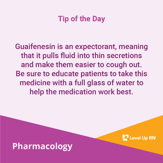 Guaifenesin is an expectorant, meaning that it pulls fluid into thin secretions and make them easier to cough out.