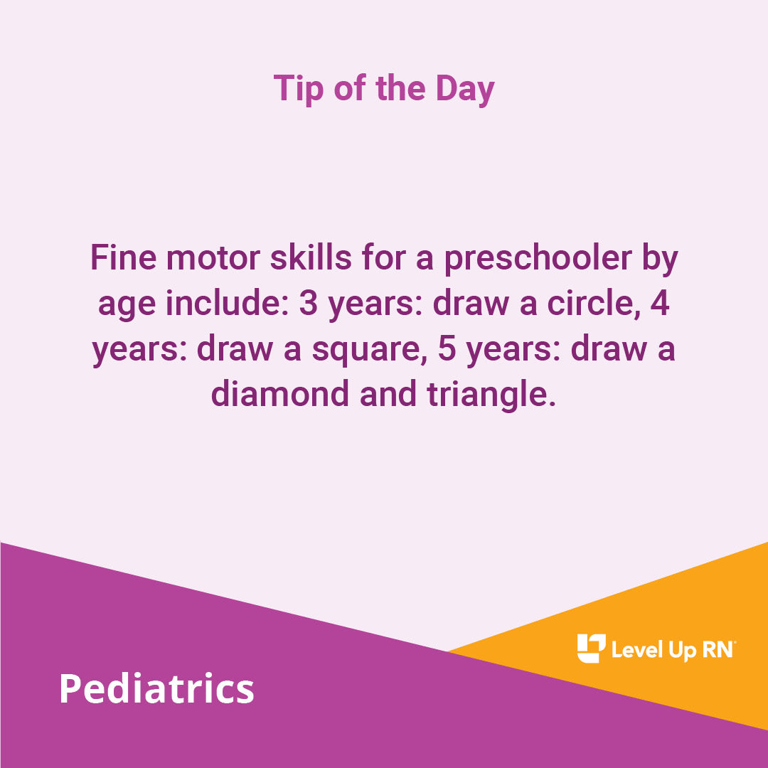 Fine motor skills for a preschooler by age include: 3 years: draw a circle, 4 years: draw a square, 5 years: draw a diamond and triangle.