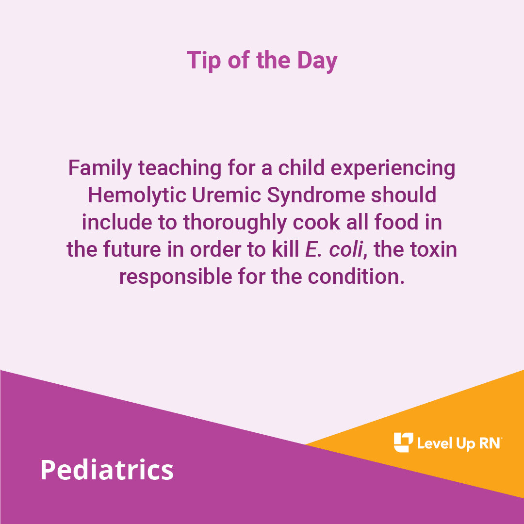 Family teaching for a child experiencing Hemolytic Uremic Syndrome should include to thoroughly cook all food in the future in order to kill E. coli, the toxin responsible for the condition.