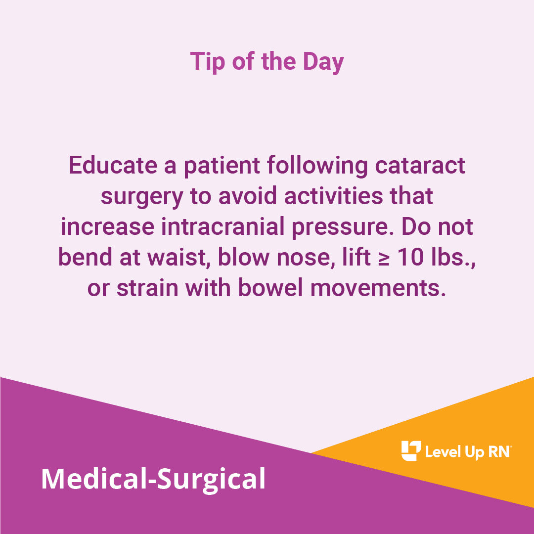 Educate a patient following cataract surgery to avoid activities that increase intracranial pressure. Do not bend at waist, blow nose, lift ≥ 10 lbs., or strain with bowel movements.