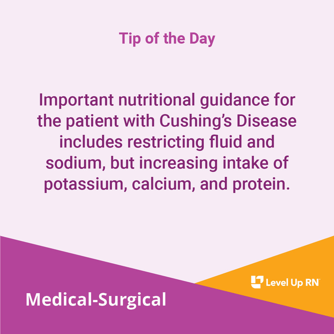 Important nutritional guidance for the patient with Cushing's Disease includes restricting fluid and sodium, but increasing intake of potassium, calcium, and protein.