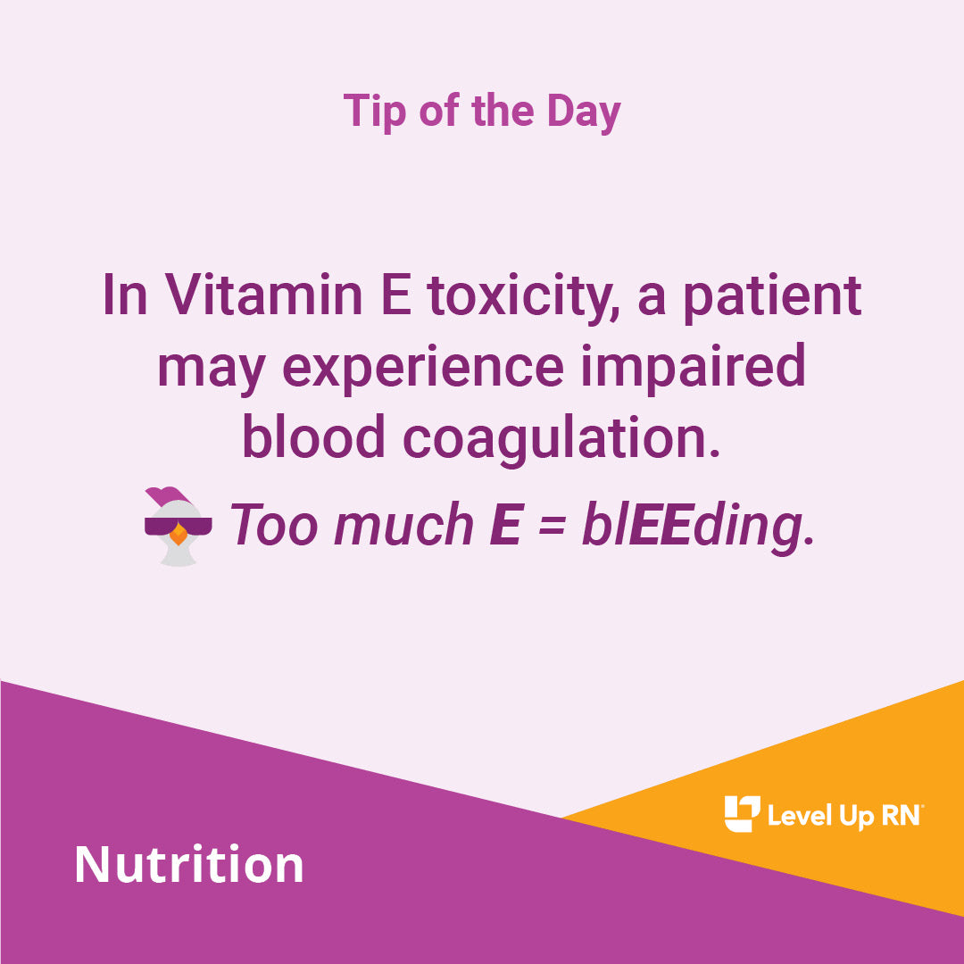 In Vitamin E toxicity, a patient may experience impaired blood coagulation. Too much E = blEEding.