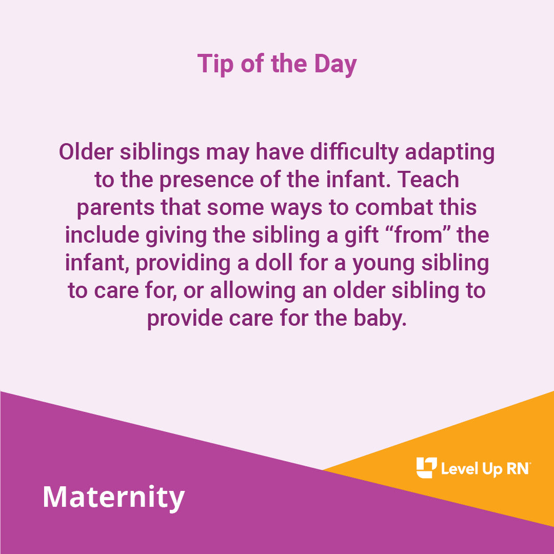 Older siblings may have difficulty adapting to the presence of the infant. 