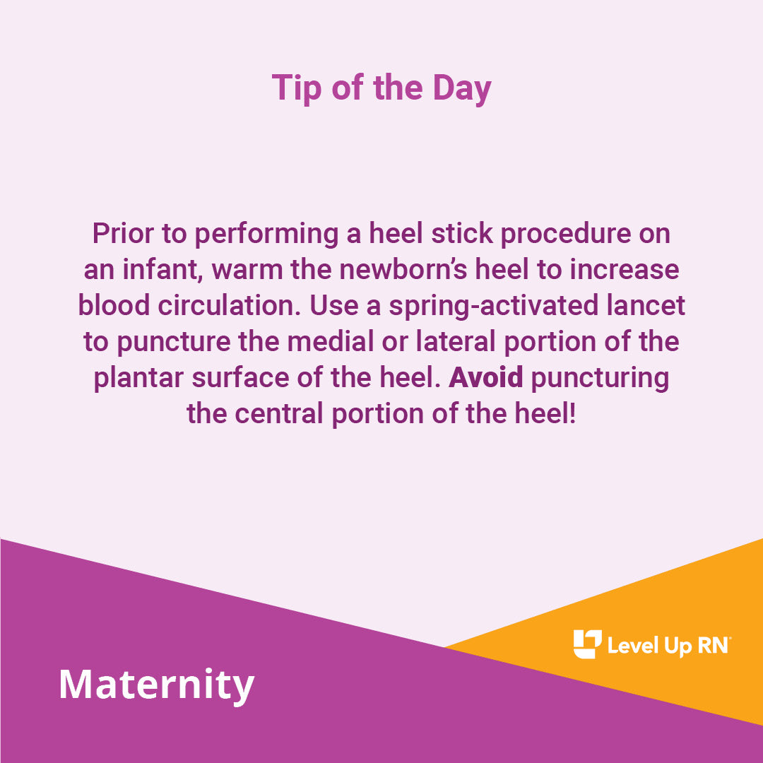 Prior to performing a heel stick procedure on an infant, warm the newborn's heel to increase blood circulation.