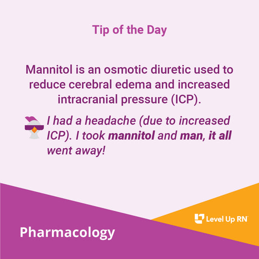 Mannitol is an osmotic diuretic used to reduce cerebral edema and increased intracranial pressure (ICP).